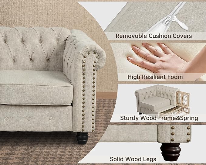 Morden Fort Sofa Set Chenille Beige 82''W x 34.5''D x 30''H Chesterfield Style Tool-Free Assemble Pet-Friendly 1430LBS Weight Capacity
