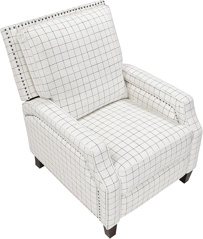 Lexicon Pushback Recliner Chair Plaid Textured Fabric Armchair Push Back Reclining Chair Nailhead Trim Solid Wood Legs Easy Assembly for Living Room/Office/Apartment Off-White
