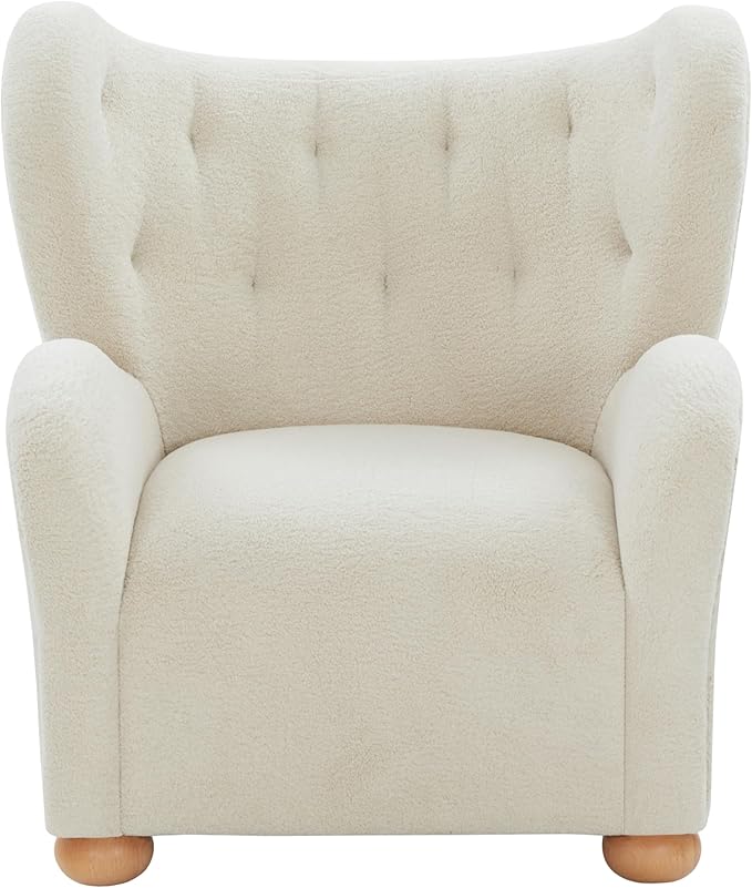 SAFAVIEH Couture Collection – Galloway Faux Shearling Wingback Accent Chair Beige Teddy Upholstered Lounge Seating (SFV5139C)
