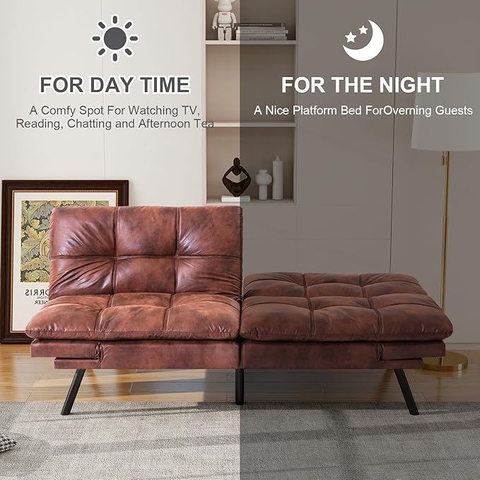 Opoiar Futon Sofa Bed Modern Memory Foam Futon Sofa Bed Couch Sleeper Convertible Futon Couch Christmas Memory Foam Couch Convertible Loveseat for Living Room Apartment Studio Brown (267PU-CH)