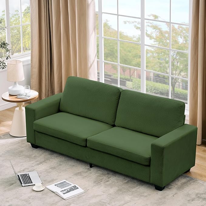 Modern Loveseat Sofa Couches for Living Room 83 Boneless Comfy Corduroy Sofa for Apartment Bedroom or Office Soft Upholstered Couch Compact Spaces Deep Seats Wood Frame Removable Cover Green