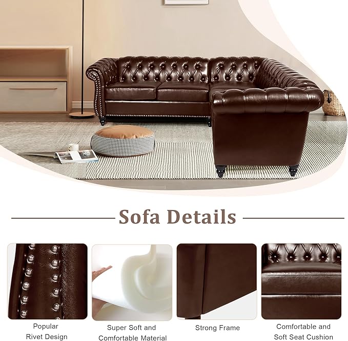 ORRD L Shaped Small Sectional Sofa Chesterfield Leather Couch Tufted Accent Sofa with Scroll Arms and Nailhead for Living Room Office (Dark Brown)