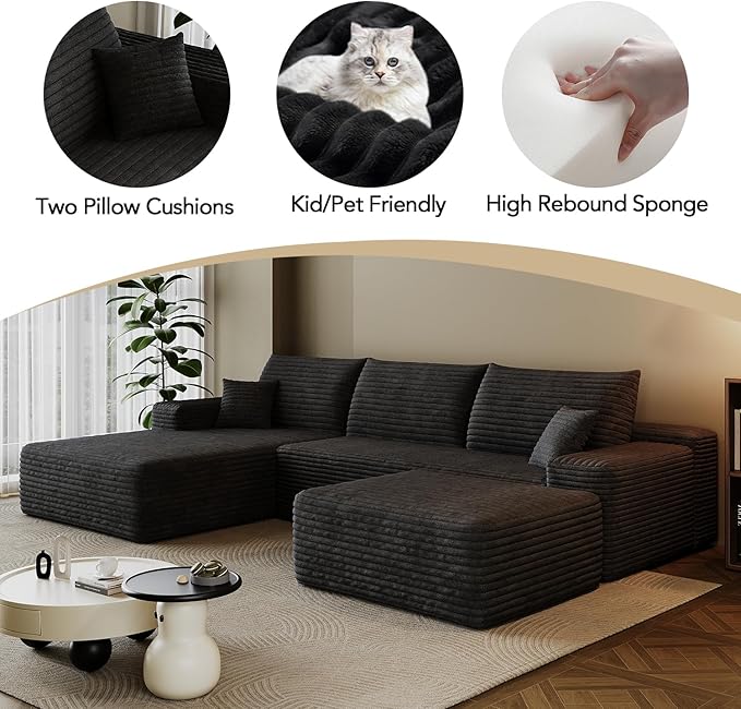 107.7 Boneless Sectional Couch Modern Modular U - Shape Corduroy Upholstered Sofa for Living Room - Deep Seat with Chaise and Ottoman(Black 2 Seater+Left Facing Chaise+Ottoman)