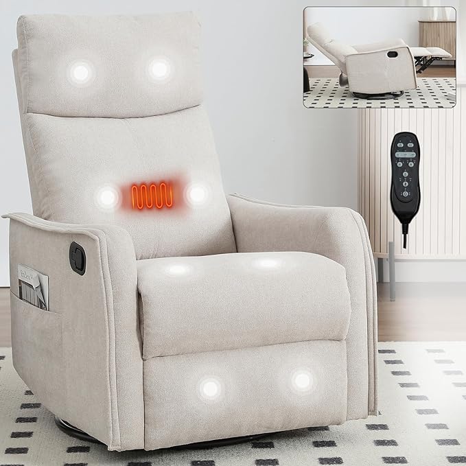 360°Swivel in Fabric Reclining ChairsHeat Massage Manual Recliner ChairSmall Recliners SpacesSingle Lazyboy Recliner Sofa for Living RoomRVBedroomBeige