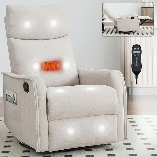 360°Swivel in Fabric Reclining ChairsHeat Massage Manual Recliner ChairSmall Recliners SpacesSingle Lazyboy Recliner Sofa for Living RoomRVBedroomBeige