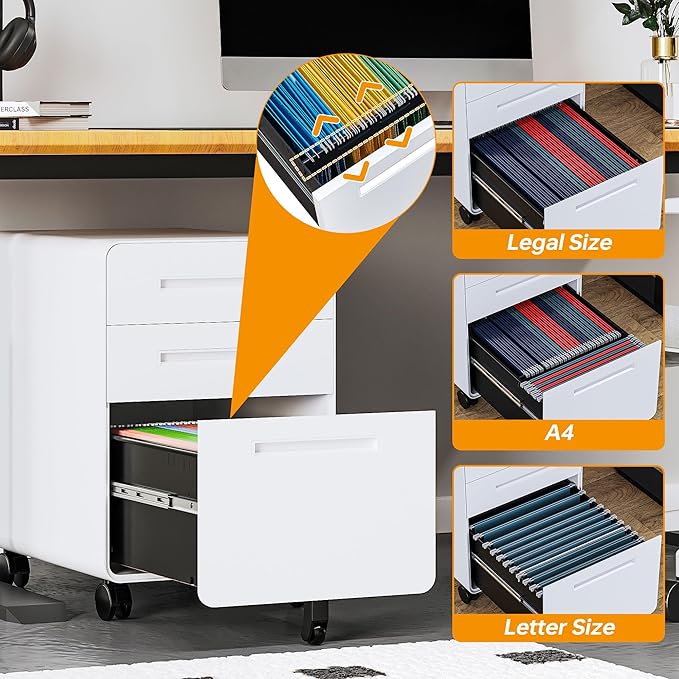 STANI 3 Drawer Filing Cabinet Metal Filing Cabinet Legal/Letter Size with Lock Mobile Storage Cabinet for Home and Office Fully Assembled Except Wheels White