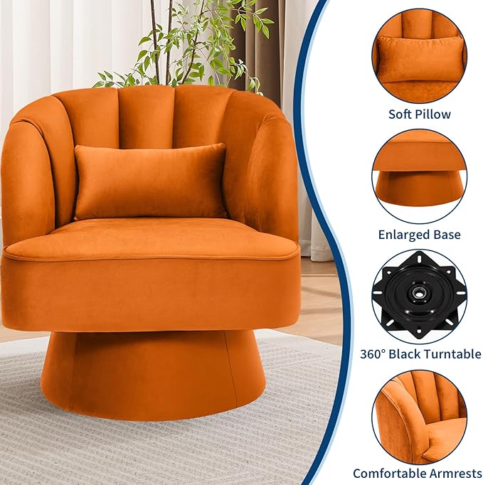Mid Century Modern Swivel Barrel Chair - 360° Swivel Accent Chair with Plush Velvet Upholstery &amp Wide Cushioned Seat Round Lounge Sofa Chair for Living Room Bedroom Office (Orange 1 PCS)