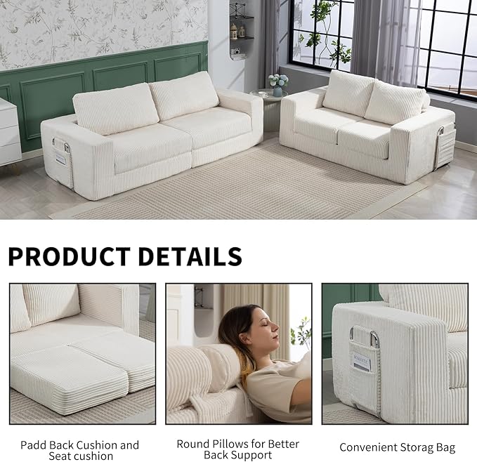 J.C.UP 69'' Convertible Sofa Bed Pull Out Loveseat Sleeper Sofa 2 Seater Boneless Folding Sofa Bed Floor Couch with Deep Seat Chaise Lounge for Living Room Bedroom No Assembly Required Beige