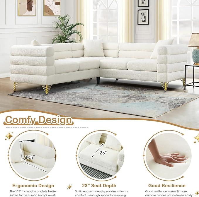 Comfy Boucle L Shaped Sofa 81.5 Oversized Sectional Couch with Deep Seated Design Upholstered Corner Sofa Couch with 3 Pillows Modern Couches for Living Room Apartment Waiting Room White Teddy