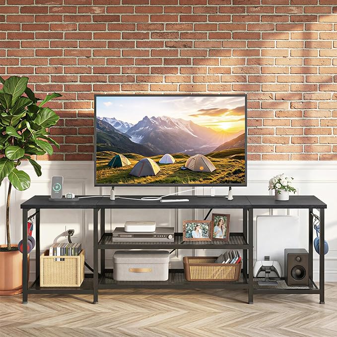 YGEOMER TV Stand for Up to 75 Inch TVs Entertainment Center with Power Outlet and Open Storage Shelves TV Media Console Table for Living Room and Bedroom Black