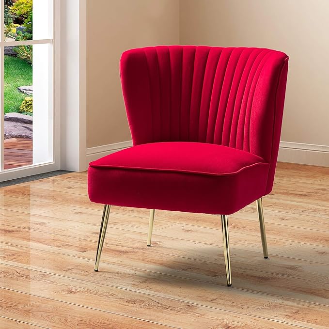 HULALA HOME Velvet Accent Chair Modern Upholstered Cute Side Chair with Gold Metal Legs Armless Wingback Slipper Chair Comfy Living Room Chair for Bedroom Guest Room Vanity RED
