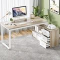 55 Inch L Shaped Desk with 3 Drawers White Desk with Storage Shelves Home Office Desk with Monitor Stand White and Walnut