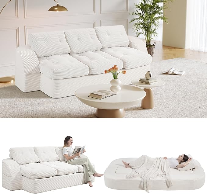 MeMoreCool Cloud Couch Boneless 3-Seater Sofa Bed – Beige Corduroy Convertible Floor Couch with Tufted Cushion No Assembly Foldable Sleeper for Living Room Apartment and Small Spaces