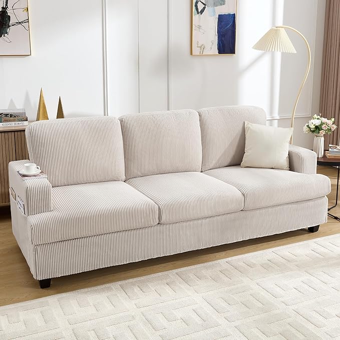 85 Inch Sofa with Side Pocket Corduroy Fabric 3 Seater Couch for Living Room Comfy Modern Small Couch for Bedroom Small Spaces Dorms Office Beige