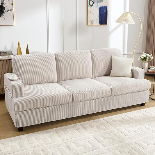 85 Inch Sofa with Side Pocket Corduroy Fabric 3 Seater Couch for Living Room Comfy Modern Small Couch for Bedroom Small Spaces Dorms Office Beige
