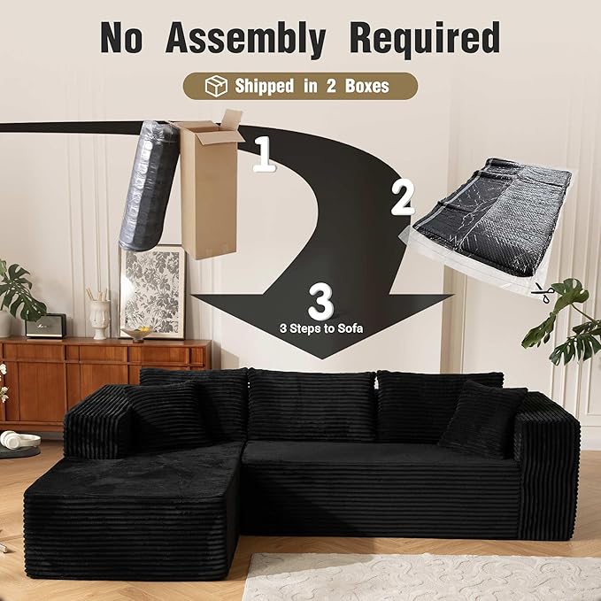 110” No Assembly Compression Boneless in a Box Cloud Sectional Couches for Living Room L-Shape Couch Compressed Sofa Modern Modular Plush Corduroy Reclining Comfy Fluffy Memory Foam Furniture Black