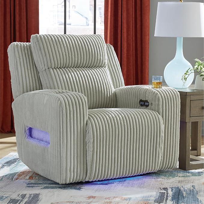 Signature Design by Ashley Broad Cove Casual LED Power Recliner with Adjustable Headrest Storage and USB Ports Light Gray