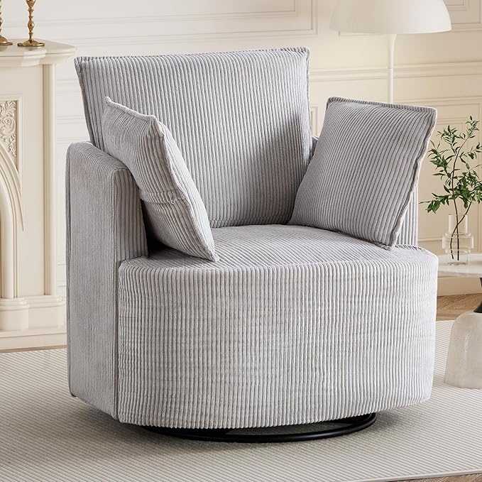 Bonzy Home 360° Swivel Accent Chair Comfy Corduroy Swivel Barrel Chair with 2 Soft Pillows Single Sofa for Living Room Bedroom Light Grey