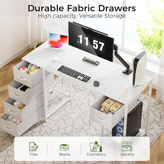 LUCKRACER Vanity Desk with 5 Fabric Drawers &amp Storage Shelves Makeup Dressing Table Computer Desks for Home Office Bedroom White No Mirror