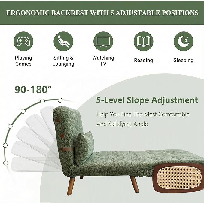 Green Chair Bed Sleeper for Adults Foldable Large Single Sofa Bed 400g Chenille Velvet Fabric Suitable for Living Rooms Bedrooms Study Rooms and Balcony Compact Spaces (Width 43 inches) | Extend