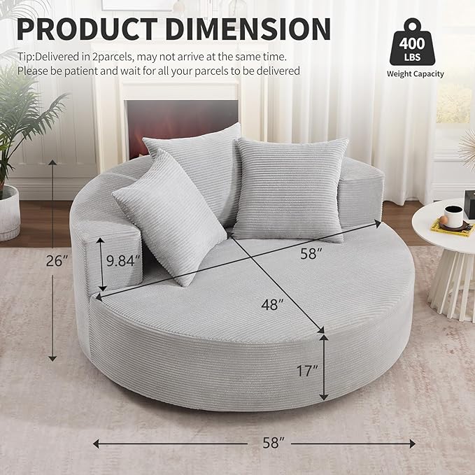 CANMOV Oversized Round Swivel Chaise Longue Chair Indoor Upholstered Corduroy Deep Seat Cloud Large Circle Sofa Chair Modern Single Cloud Sofa Bed for Living Room Bedroom Apartment Light Gray