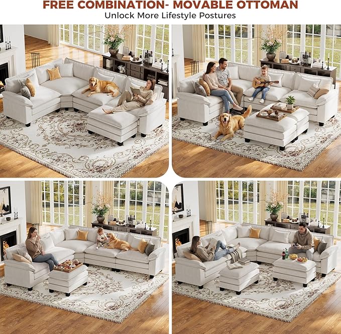 CDCASA 117 Oversized Modular Sectional Sofa with Corner Comfy V-Shaped Cloud Couch w/Ottoman 6-Seater Chenille Deep Seat Modern Sofa Couch for Living Room DIY Combination Beige
