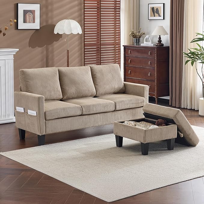VINGLI 68.5' L Shaped Couch with Movable Storage Ottoman Convertible Sectional Sofa in Soft Corduroy Fabric Modern Reversible Chaise Couch for Small Spaces Apartment Living RoomKhaki