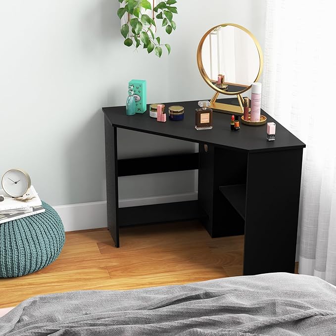 GOFLAME Corner Desk with Storage Shelves Triangular Computer Desk with Cable Management Holes Laptop Workstation for Small Space Makeup Vanity Desk for Living Room Study Black