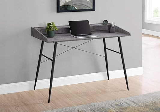 Penau Computer Desk for Home Office 48 Inch Grey Stone Look Laminate Surface Black Metal Base with Storage Shelves and 2 Cubbies Contemporary Modern Design