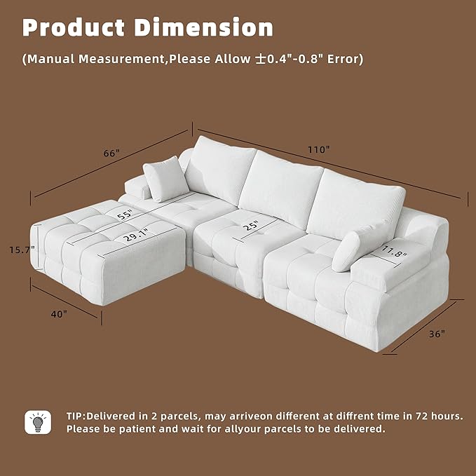 110 Cloud Sectional Couches for Living RoomModern Convertible L-Shape Couch with Ottoman 3 Seater Chenille Fabric Comfy Cloud Couches with Movable Ottoman White