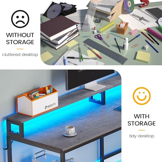 SEDETA L Shaped Desk 66 Home Office Desk with Wood File Drawer &amp Power Outlet Gaming Desk with Led Lights Corner Computer Desk with Monitor Shelf Printer Storage Shelves Two Person Desk Gre