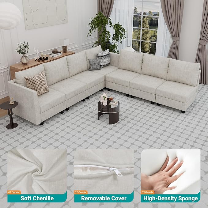 Fiona's magic Modular Sectional Sofa Set 7 Seats Sleeper Sofa Couch with Storage Sectional Sofa Couch with USB Charging Port Modern Comfy Chenille Couch for Living Room Beige