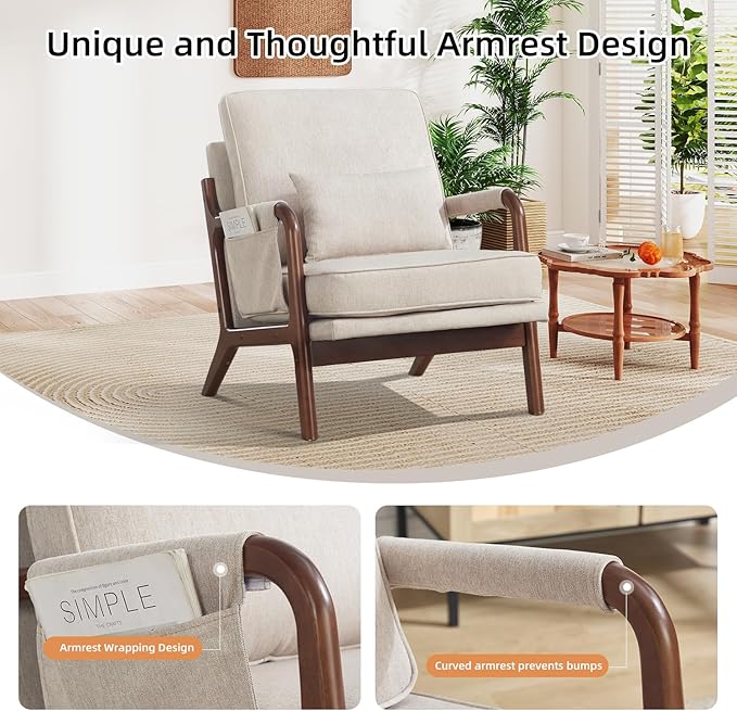 CANMOV Accent Chairs Set of 2 Mid Century Modern Chair with Extra Side Storage Pocket Upholstered Reading Armchair with Waist Cushion Accent Chair for Living Room Bedroom Easy Assembly Beige