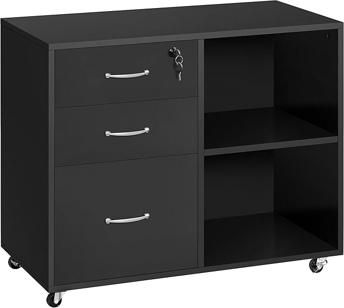 Topeakmart Black File Cabinet with Lock for Letter A4 Size 3 Drawer Lateral Filing Cabinet Printer Stand with Open Storage Compartments for Home Office Black