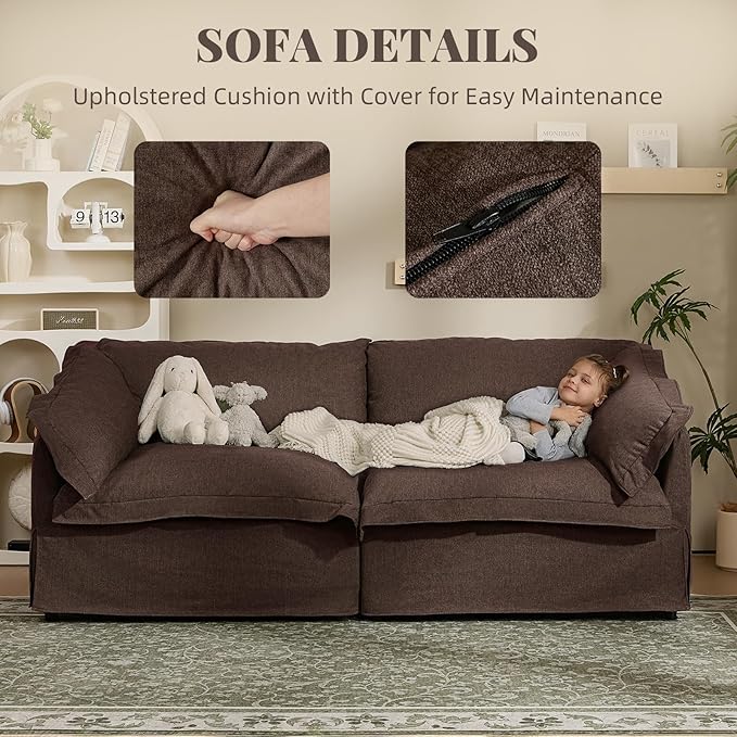 81'' Sofa Couch with Storage 3 Seater Sofa with Extra Deep Seats Retro Couch with Removable Washable Cover for Living Room Brown