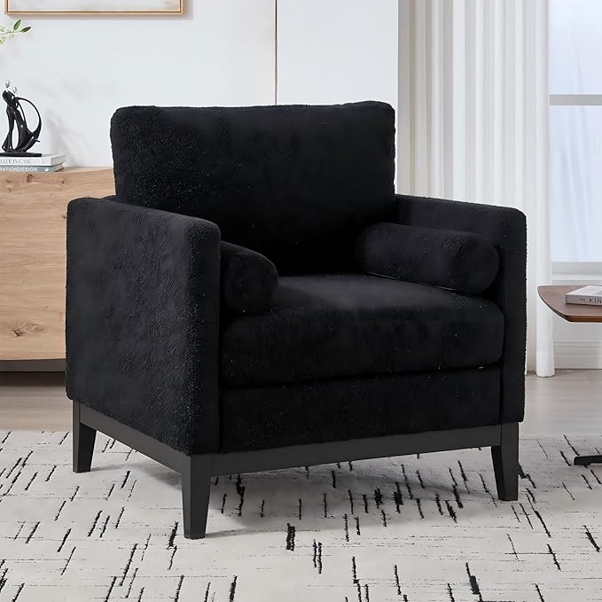 35.4 Modern Boucle Accent Chair with Deep Seat Oversized Wooden Upholstered Armchair Single Sofa Lounge Reading Chairs Large Accent Chair for Living Room/Bedroom/Office (Black &amp Style 2)