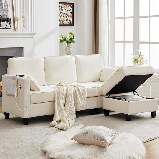 Small Sectional Couches with Storage 80 L Shaped Sectional Couch with Chaise and Ottoman Modular Corduroy Sofa with USB Ports&ampPockets for Small Places Living Room Apartment Office (White)