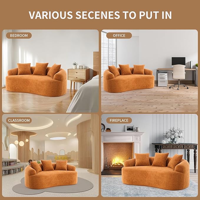 65” Orange Curved Couch&amp Loveseat Sofa with 3 Pillows Compression Couch with Round Armrest Suitable for Small Space Bedroom Living Room Memory Foam Chenille No Assembly (Orange)