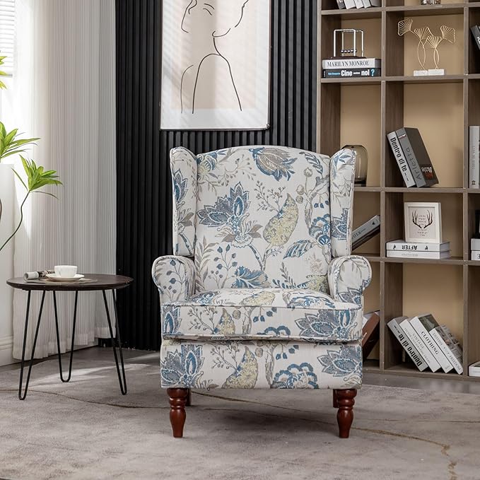 Modern Accent Chair with Retro Wood Legs Comfy Upholstered Armchair Floral Design Single Sofa Chair for Living Room Bedroom Office - Floral