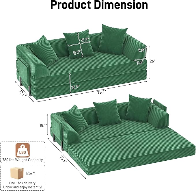 XVD 79 Boneless Sleeper Sofa Bed Convertible Futon Couch with Pillows and Storage Pocket Pull Out Compressed Sofa for Living Guest Room Bedroom Green