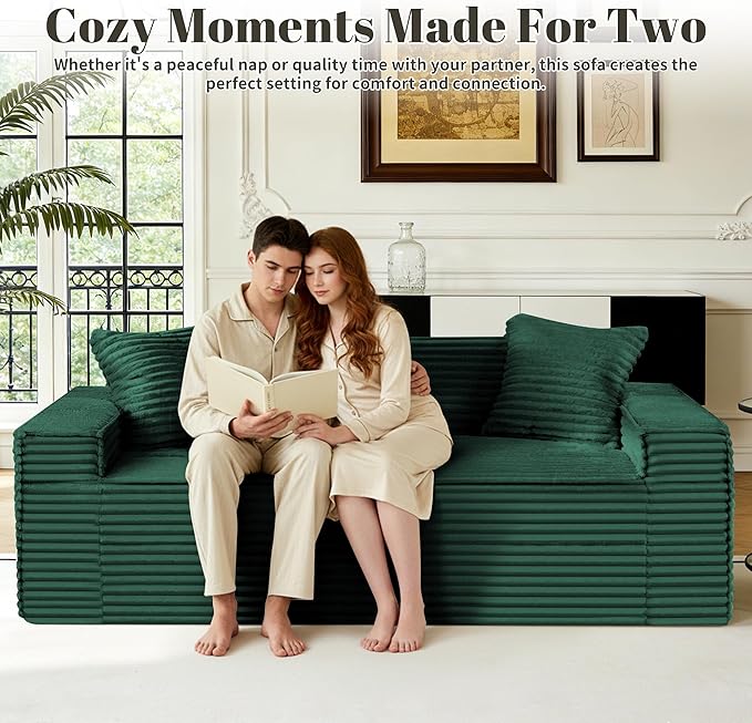 75 Cloud Loveseat Sofa 26 Deep Seat Boneless Couches for Living Room Modern 3 Seater Sofa with Throw Pillows Corduroy Compression Sofa in Box No Assembly Couch for Bedroom Dorm Dark Green