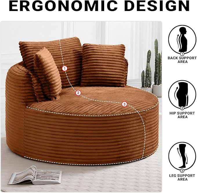 54-inch Oversized Round Chaise Longue Chair Indoor Modern Upholstered Corduroy Deep Seat Circle Cloud Chair Single Boneless Reading Chair for Living Room Bedroom Apartment Orange