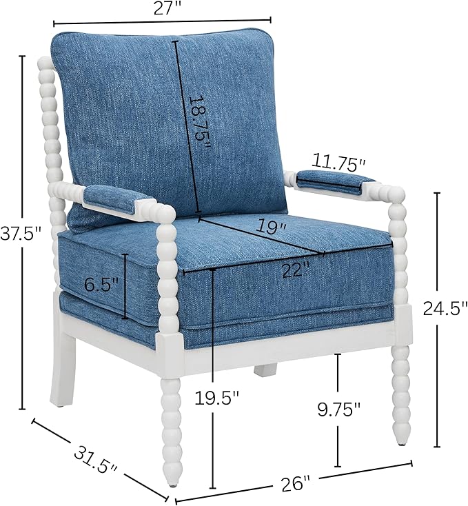 Roundhill Furniture Belvoir Upholstered Spool Accent Chair with Turned Wood Frame Denim Blue with White Finish