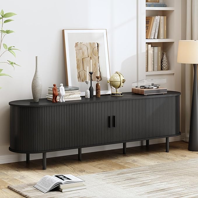 70.8 TV Stand with Power Outlet Mid-Century Modern Television Stand Fluted Media Console with Sliding Doors Entertainment Center for TVs up to 60 Inch Adjustable Shelves Black