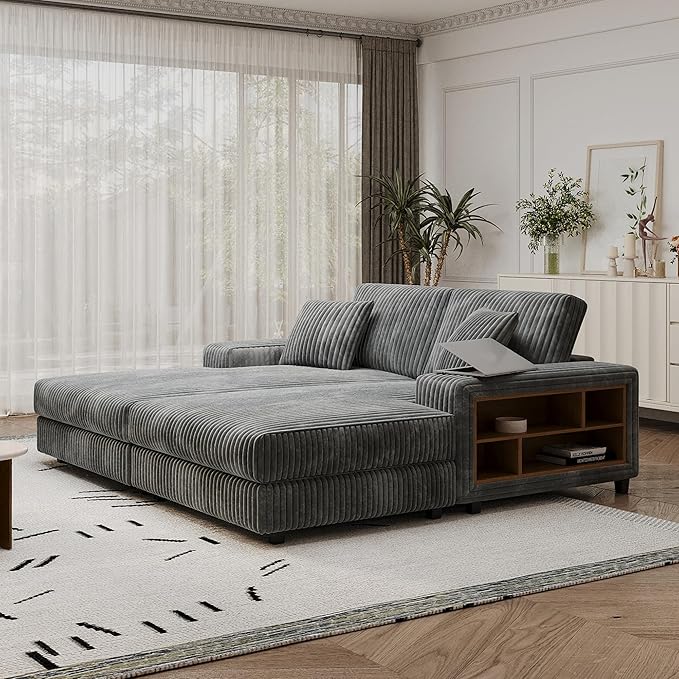79.5 Oversized Double Chaise Lounge Chair Indoor Modern Upholstered Sleeper Sofa Bed with 2 Storage Armrests &amp Throw Pillows Comfy Fluffy Corduroy Couch for Living Room (Grey 79.5 Double Chai