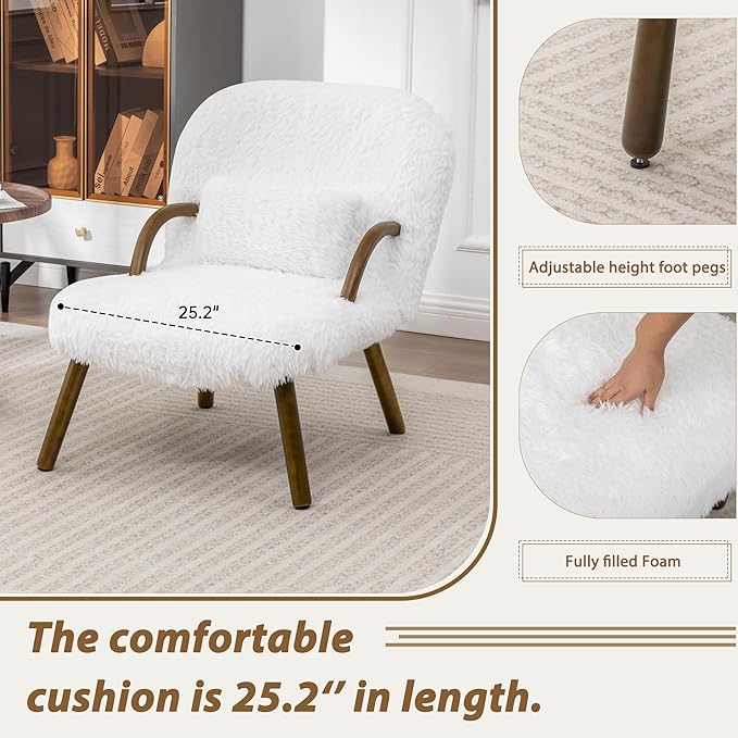Modern Corduroy Accent Chair with Ottoman White Upholstered Lounge Chair Set with Wood Arms Living Room Furniture 31.5 Height (Artificial Fur White)
