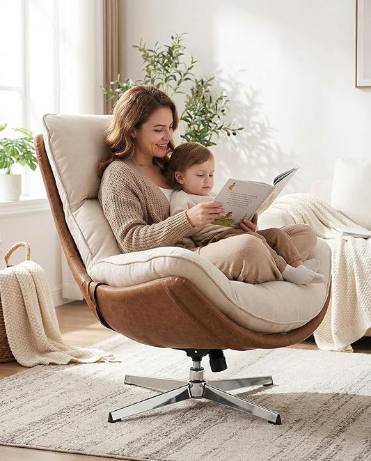 LukeAlon Linen Swivel Lounge Chair Upholstered High Back Accent Chair with Metal Base Armelss Comfy Modern Recliner Chair for Living Room Office Beige