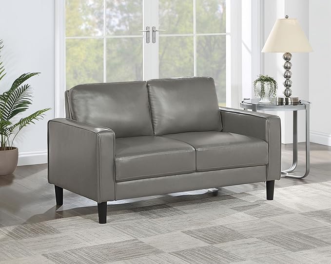 Coaster Home Furnishings - Ruth - Faux Leather - Upholstered Loveseat with Track Arms Foam-Filled Cushions and Straight Tapered Legs - Living Room - Gray - 508366