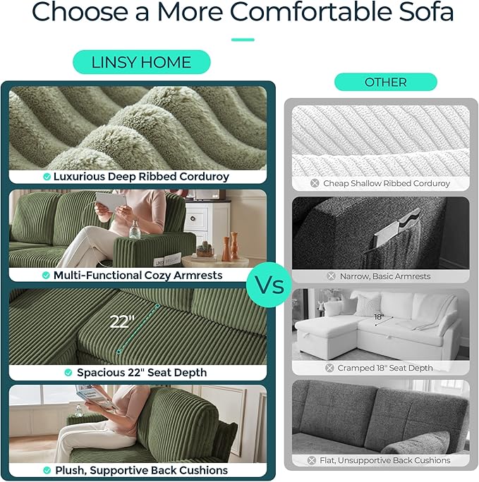 LINSY HOME Pull Out Sleeper Sofa Sectional Couches for Living Room L Shaped Plush Corduroy Couch with Storage&ampUSB Charging Convertible Cloud Sectional Sofa Bed for Apartment Green