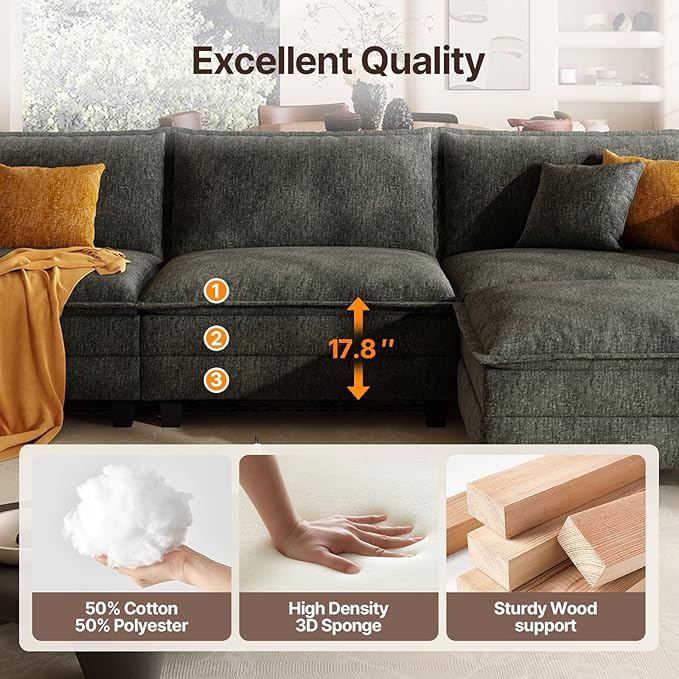 107 L Shaped Modular Sectional Cloud Couch with Pillow Deep Seat Sofa Couches for Living Room 4-Seat Modern Sofa with Movable Ottoman Comfortable Living Room Couch (Grey 107 Inch-L)
